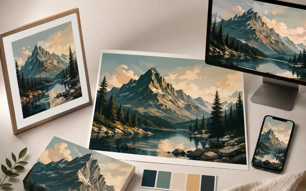 One digital landscape shown as framed print, paper print, monitor display, phone wallpaper, and canvas