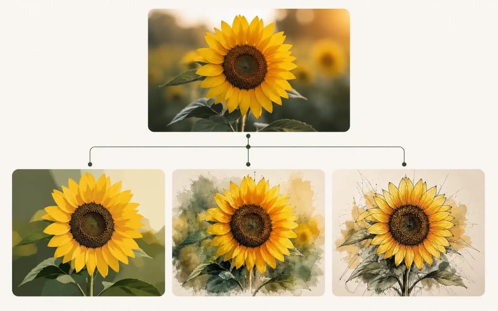 One sunflower photo branching into vector, watercolor, and sketch digital art styles