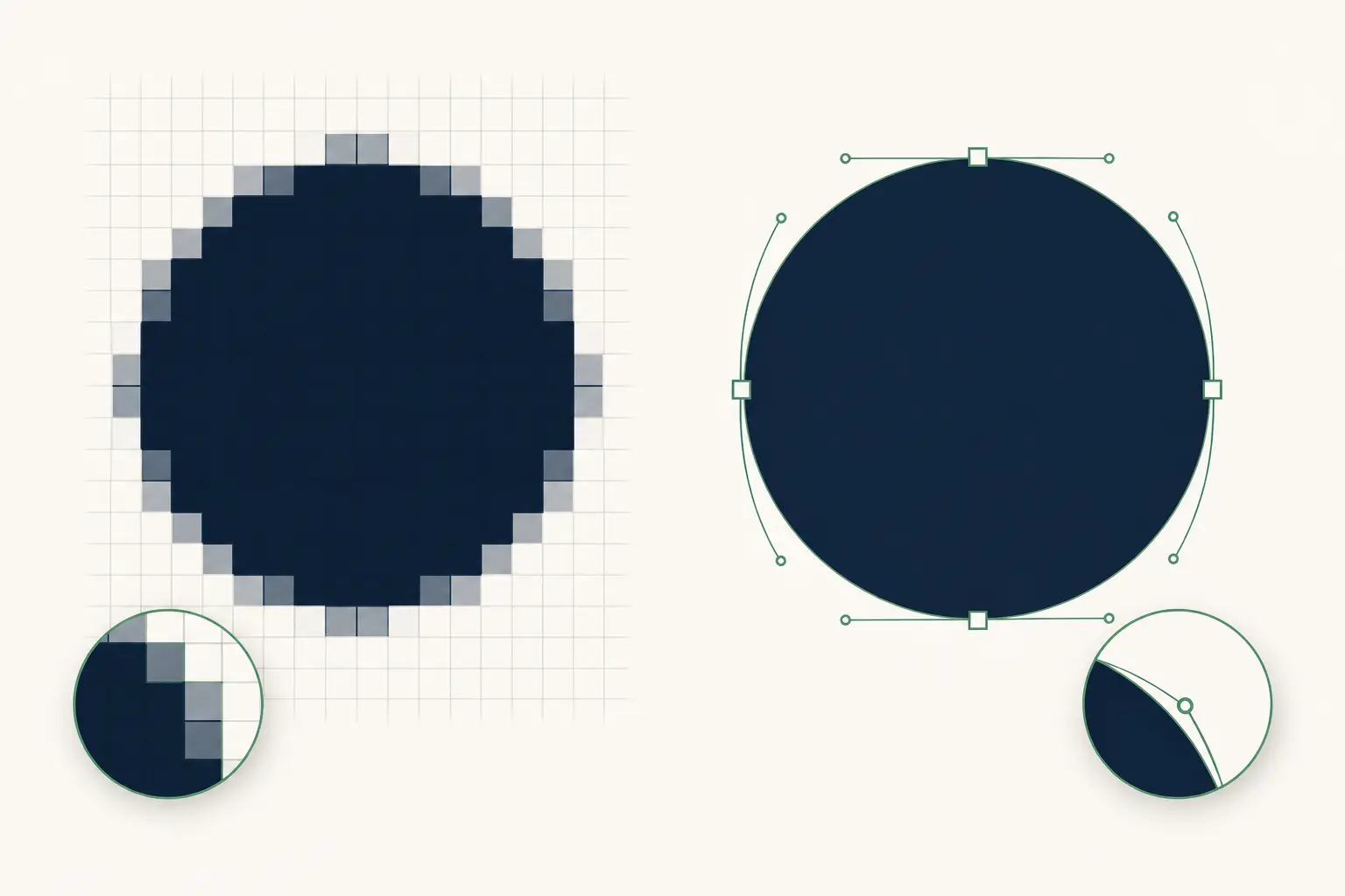 Pixel grid beside a vector path diagram