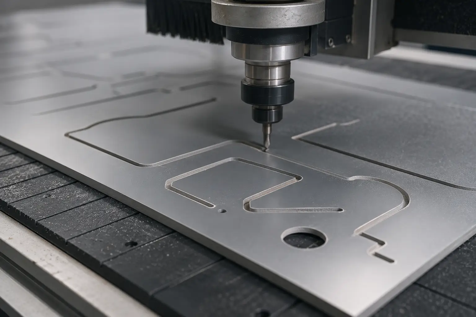 Uma máquina de corte a laser em pleno corte sobre um painel de acrílico Uma máquina de corte a laser em pleno corte sobre um painel de acrílico