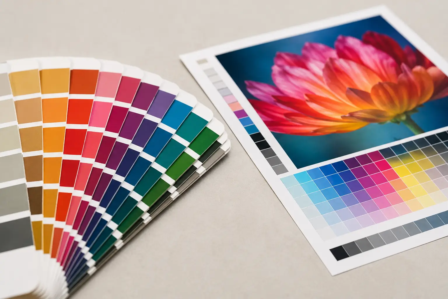 Ein Pantone-Farbfächer neben einem gedruckten Andruck Ein Pantone-Farbfächer neben einem gedruckten Andruck