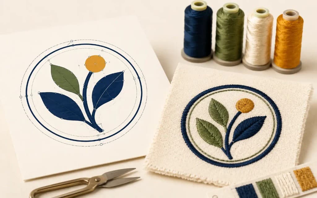 Flat vector flower design beside the embroidered stitch path version Flat vector flower design beside the embroidered stitch path version
