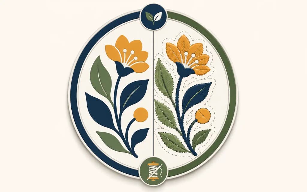 Vector artwork beside the finished embroidered patch with thread spools Vector artwork beside the finished embroidered patch with thread spools