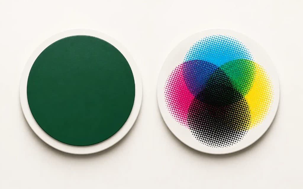 Solid PMS spot color disc beside a CMYK halftone rosette build Solid PMS spot color disc beside a CMYK halftone rosette build