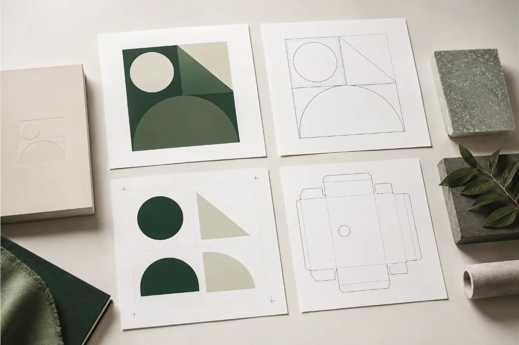 Vector artwork shown as finished graphic, wireframe outline, print layout with crop marks, and production dieline Vector artwork shown as finished graphic, wireframe outline, print layout with crop marks, and production dieline