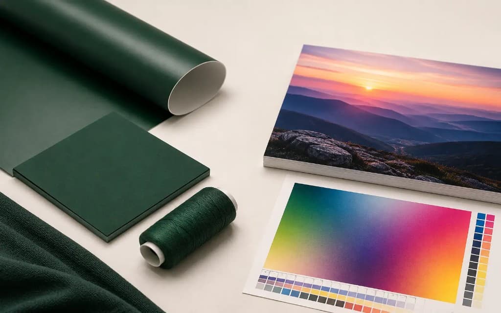 Matching PMS green on vinyl, thread, and fabric beside full-color CMYK prints Matching PMS green on vinyl, thread, and fabric beside full-color CMYK prints