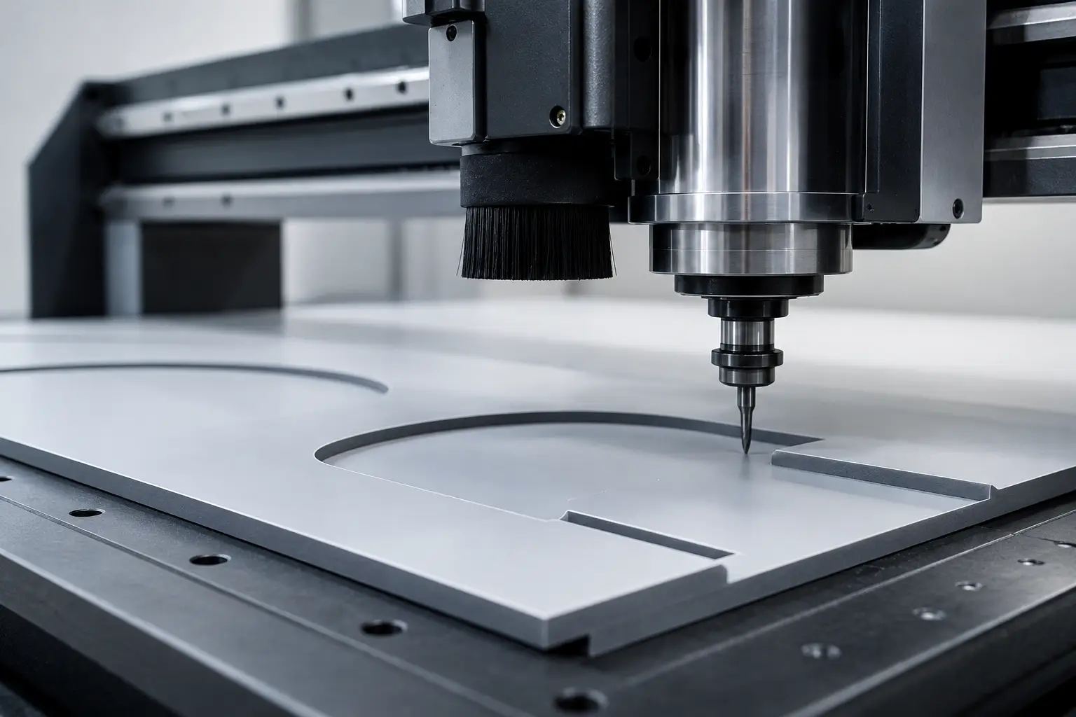 Una fresa CNC che taglia un pannello per insegne — percorso utensile pulito Una fresa CNC che taglia un pannello per insegne — percorso utensile pulito