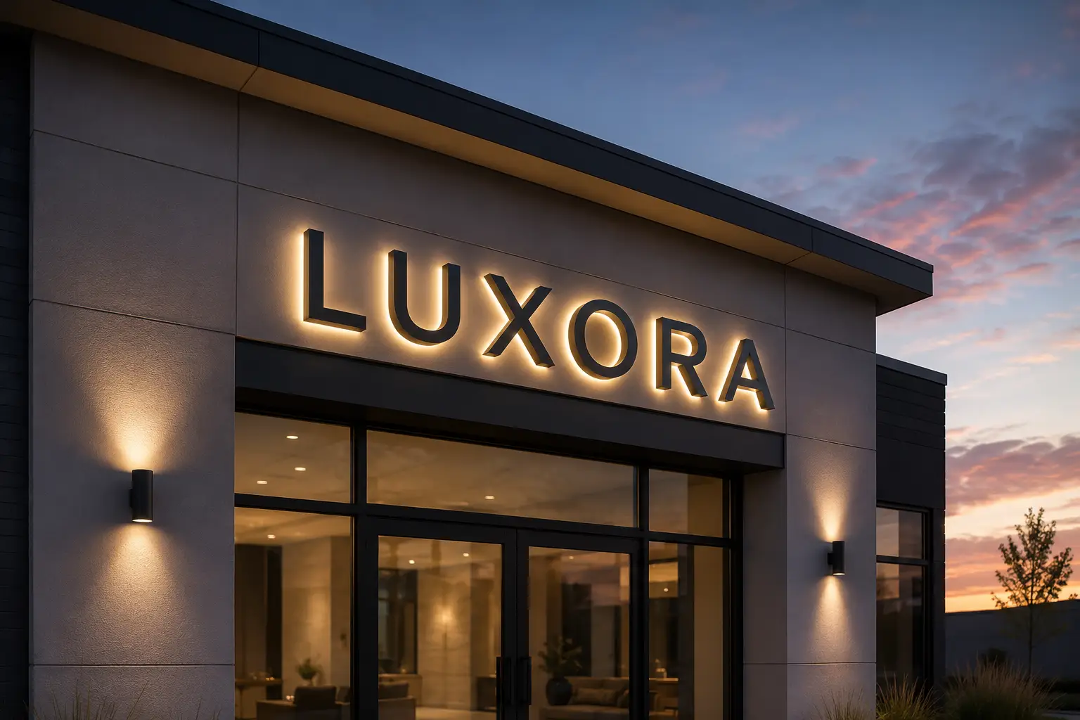 Installed channel letters glowing on a storefront at dusk Installed channel letters glowing on a storefront at dusk