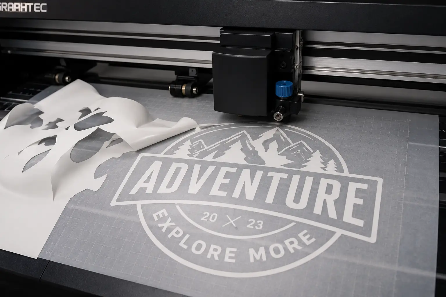 Plotter blade cutting a weeded vinyl decal Plotter blade cutting a weeded vinyl decal