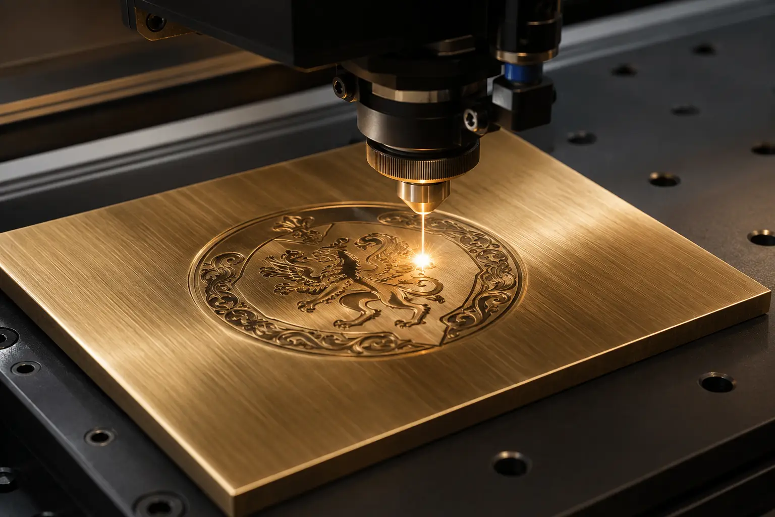 Laser engraver burning a brass plaque Laser engraver burning a brass plaque